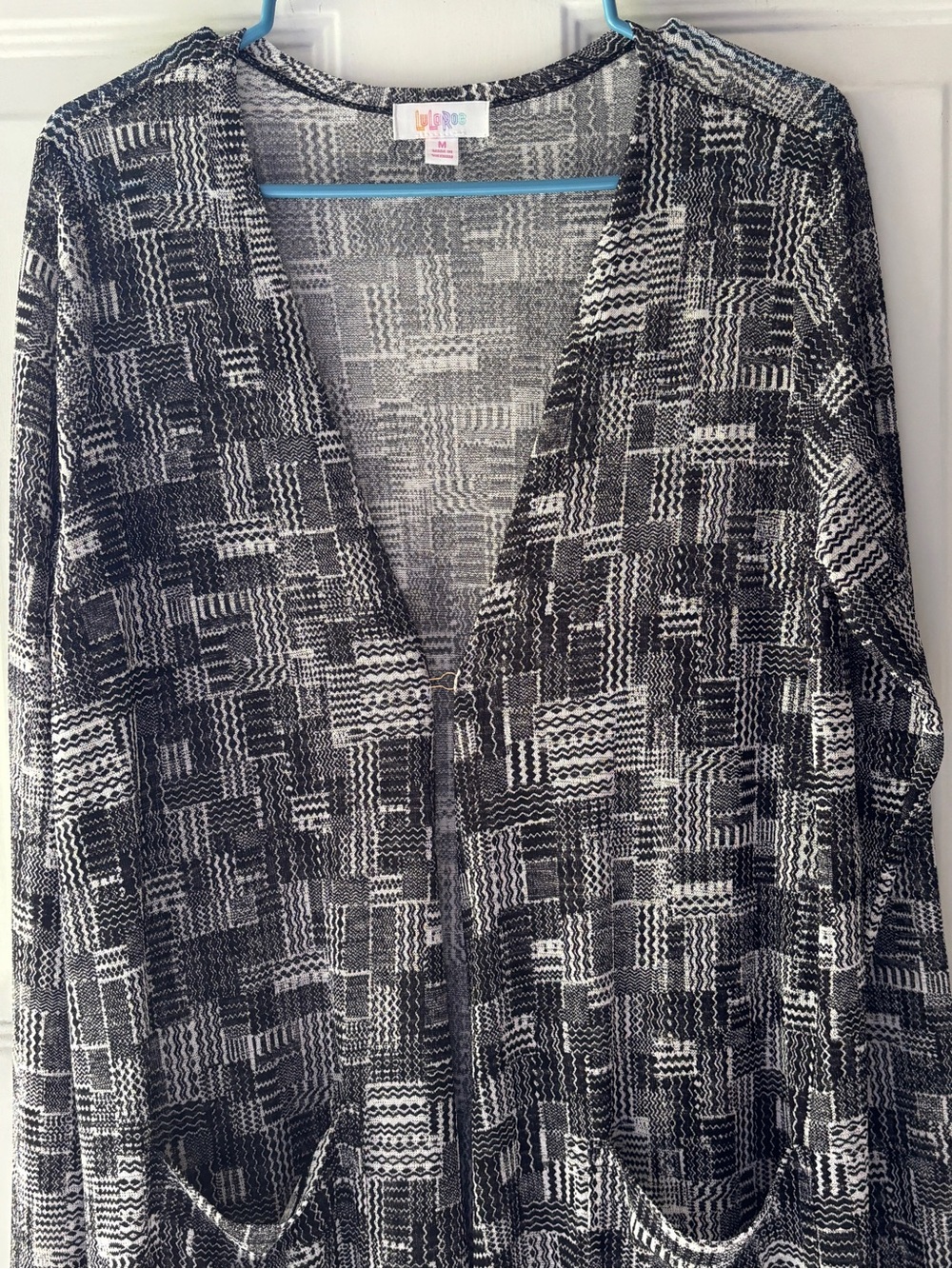 LulaRoe Sarah Black & White Geometric Knit Duster Cardigan